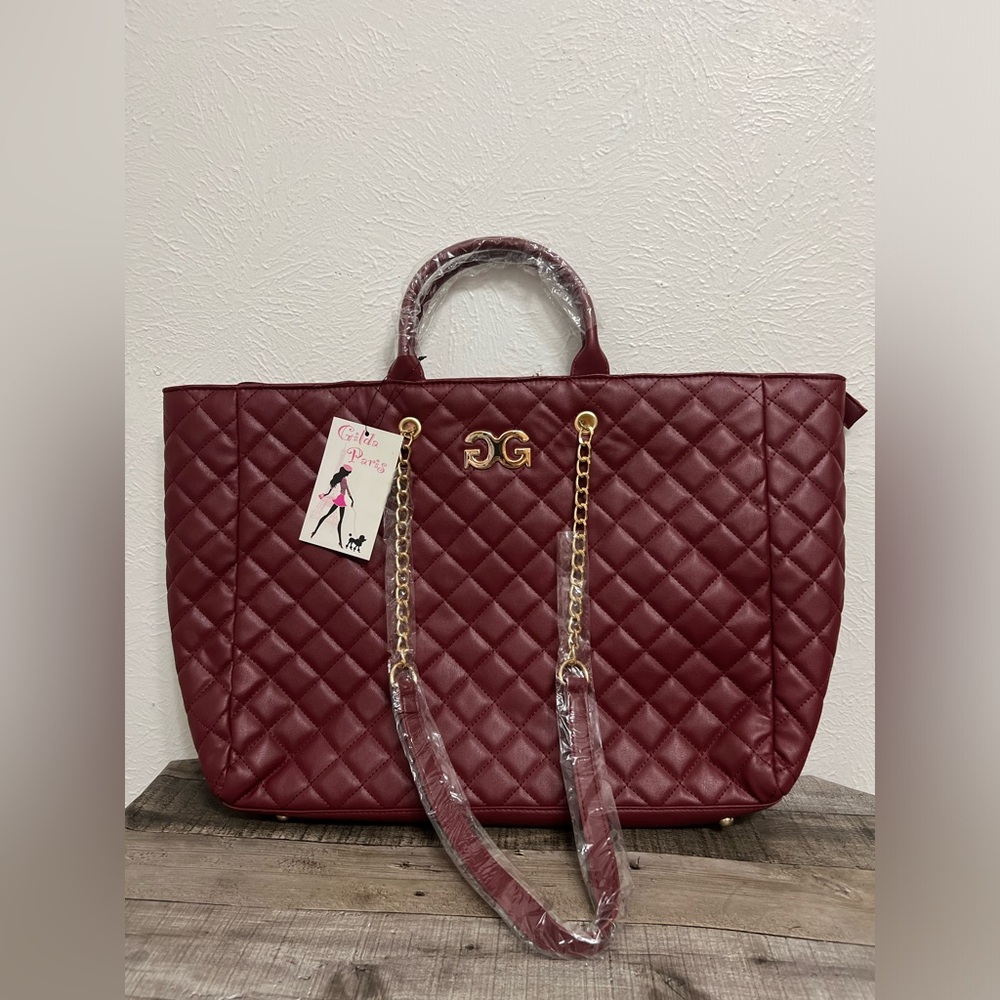 NWT Gilda Paris Quilted Large Travel Tote Bag Purse Wine Color Vegan Leather